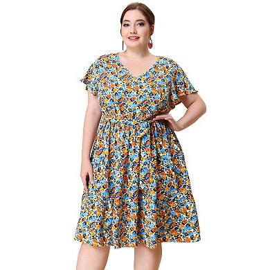 Women's Plus Size V Neck Elastic Waist Ruffle Summer Floral Midi Dress