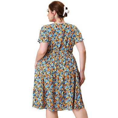 Women's Plus Size V Neck Elastic Waist Ruffle Summer Floral Midi Dress
