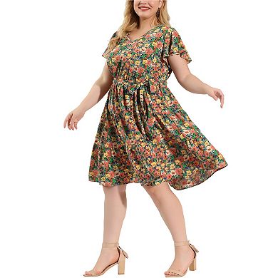 Women's Plus Size V Neck Elastic Waist Ruffle Summer Floral Midi Dress