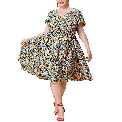 Women's Plus Size V Neck Elastic Waist Ruffle Summer Floral Midi Dress