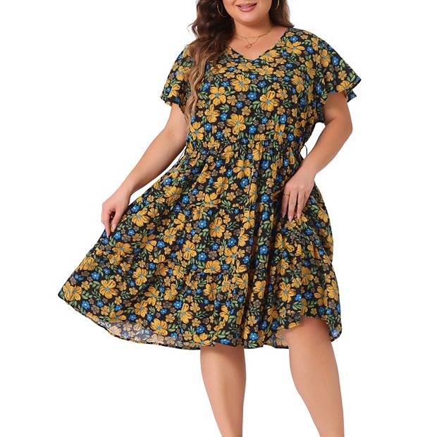 knee length dresses for ladies Plus Size Floral Print Ruffle Trim Smocked Bodycon Midi Dress Sage / 1X-2X-3X/2-2-2 main image 0