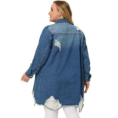 Women's Plus Size Jean Jacket Classic Distressed Fray Hem Trucker Denim Jackets