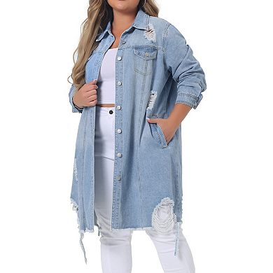 Women's Plus Size Jean Jacket Classic Distressed Fray Hem Trucker Denim Jackets