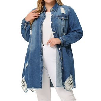 Women's Plus Size Jean Jacket Classic Distressed Fray Hem Trucker Denim Jackets