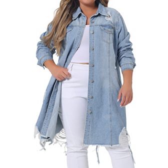 Women's Plus Size Jean Jacket Classic Distressed Fray Hem Trucker Denim Jackets