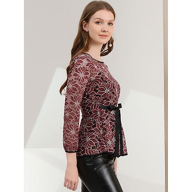 Women's Elegant Tie Waist Long Sleeve Top Lace Peplum Blouses