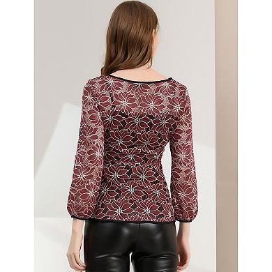 Women's Elegant Tie Waist Long Sleeve Top Lace Peplum Blouses