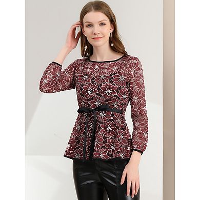 Women's Elegant Tie Waist Long Sleeve Top Lace Peplum Blouses