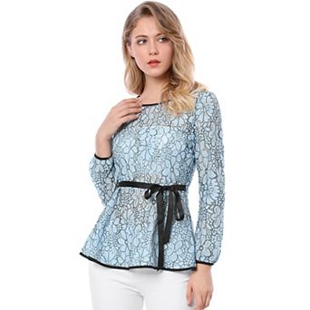 Women's Elegant Tie Waist Long Sleeve Top Lace Peplum Blouses