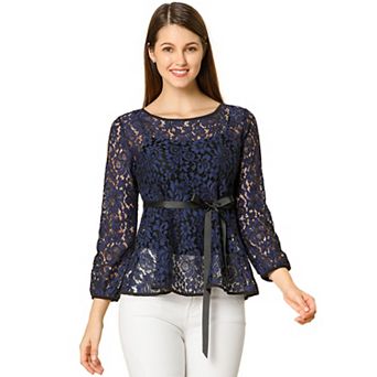 Women's Elegant Tie Waist Long Sleeve Top Lace Peplum Blouses