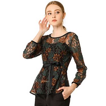 Women's Elegant Tie Waist Long Sleeve Top Lace Peplum Blouses