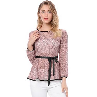 Women's Elegant Tie Waist Long Sleeve Top Lace Peplum Blouses