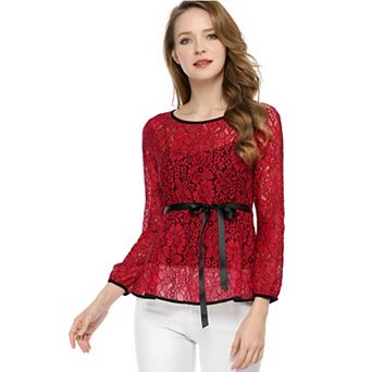Women's Elegant Tie Waist Long Sleeve Top Lace Peplum Blouses
