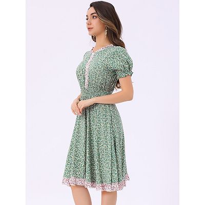 Floral Ruffle Neck Smocked Waist Short Sleeve Midi Dress, Yellow / S