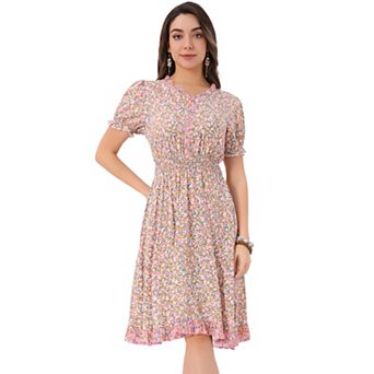Women's Floral Sundress Ruffle Neck Smocked Waist Short Sleeve Dress