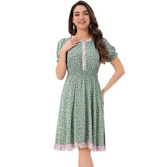 Women's Floral Sundress Ruffle Neck Smocked Waist Short Sleeve Dress