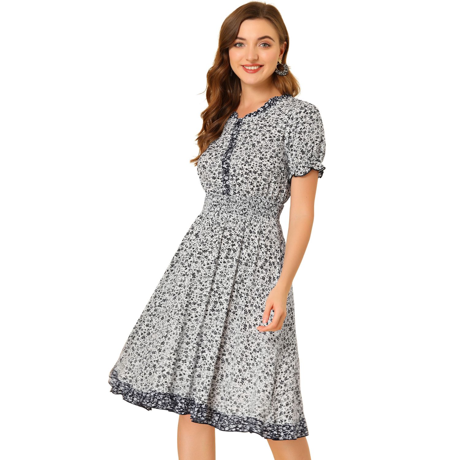 Женские платья Floral Sundress Ruffle Neck Smocked Waist Short Sleeve Dress