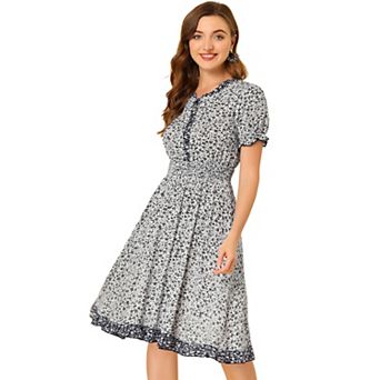 Women's Floral Sundress Ruffle Neck Smocked Waist Short Sleeve Dress