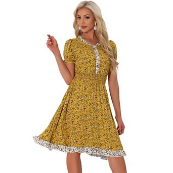 Women's Floral Sundress Ruffle Neck Smocked Waist Short Sleeve Dress