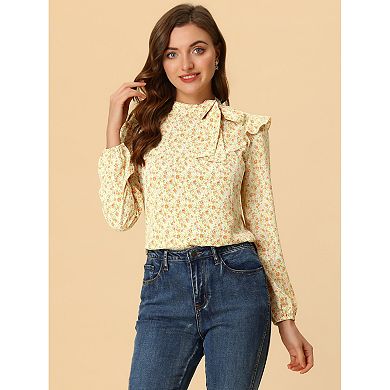 Women's Bow Tie Neck Long Sleeve Floral Ruffled Blouse