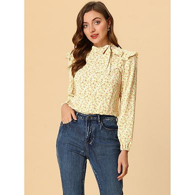 Women's Bow Tie Neck Long Sleeve Floral Ruffled Blouse