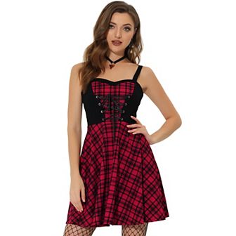 Women's Plaid Lace Up Sweetheart Neck Sleeveless Flared Party Mini Dress