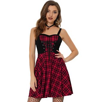 Women's Plaid Lace Up Sweetheart Neck Sleeveless Flared Party Mini Dress