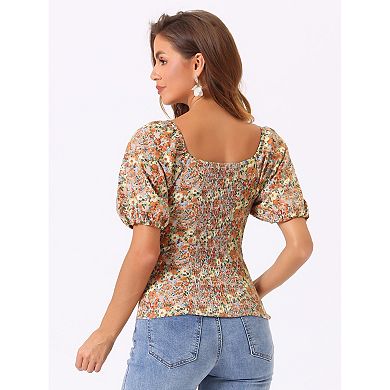 Women's Sleeve Square Neck Peasant Floral Blouse Top Light Blue X Small