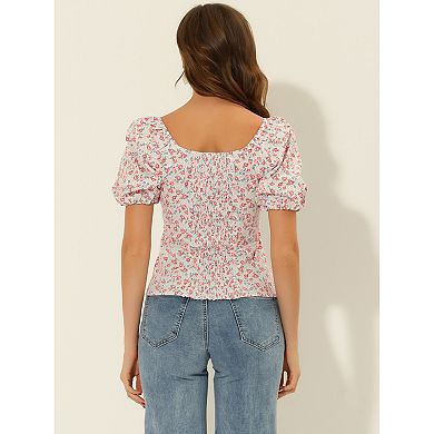 Women's Sleeve Square Neck Peasant Floral Blouse Top