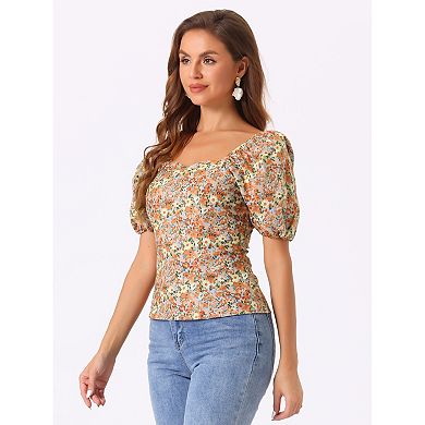 Women's Sleeve Square Neck Peasant Floral Blouse Top