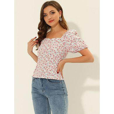 Women's Sleeve Square Neck Peasant Floral Blouse Top