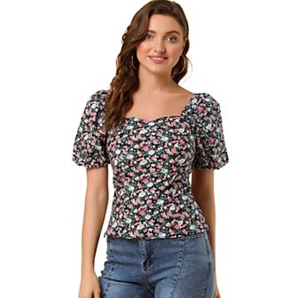 Women's Sleeve Square Neck Peasant Floral Blouse Top