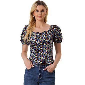 Women's Sleeve Square Neck Peasant Floral Blouse Top