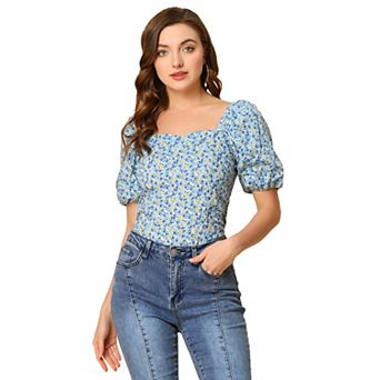 Women's Sleeve Square Neck Peasant Floral Blouse Top