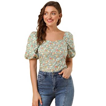 Women's Sleeve Square Neck Peasant Floral Blouse Top