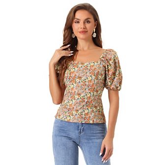 Women's Sleeve Square Neck Peasant Floral Blouse Top