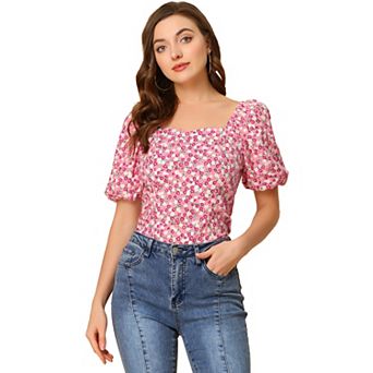 Women's Sleeve Square Neck Peasant Floral Blouse Top