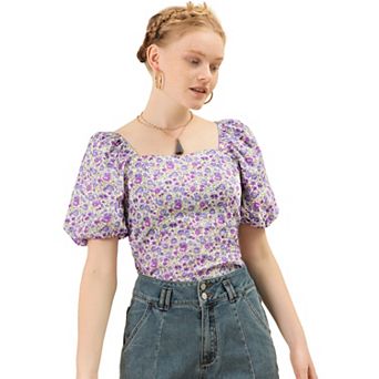 Women's Sleeve Square Neck Peasant Floral Blouse Top