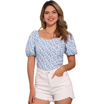 Women's Sleeve Square Neck Peasant Floral Blouse Top