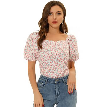 Women's Sleeve Square Neck Peasant Floral Blouse Top