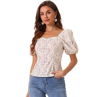 Women's Sleeve Square Neck Peasant Floral Blouse Top