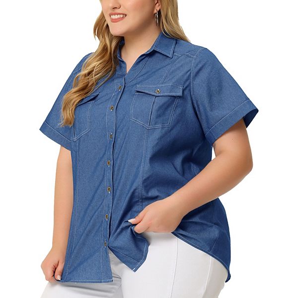 Plus Size Chambray Shirt for Women Denim Western Shirts Short Sleeve Button  Down Tops