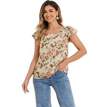 Women's Chiffon Ruffle Sleeve Vintage Layered Floral Print Blouse Top