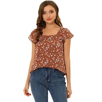 Women's Chiffon Ruffle Sleeve Vintage Layered Floral Print Blouse Top