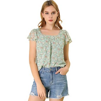 Women's Chiffon Ruffle Sleeve Vintage Layered Floral Print Blouse Top