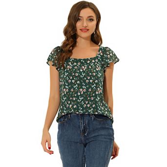 Women's Chiffon Ruffle Sleeve Vintage Layered Floral Print Blouse Top