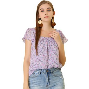 Women's Chiffon Ruffle Sleeve Vintage Layered Floral Print Blouse Top