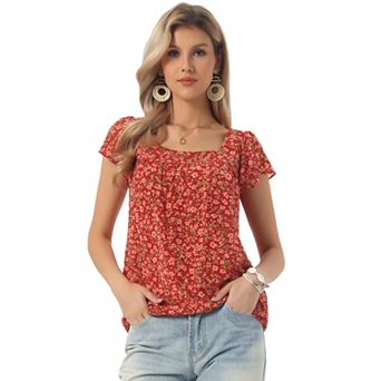 Women's Chiffon Ruffle Sleeve Vintage Layered Floral Print Blouse Top