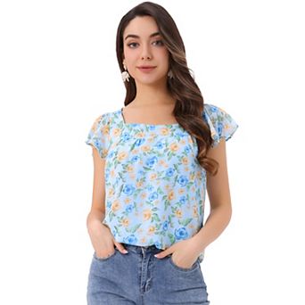 Women's Chiffon Ruffle Sleeve Vintage Layered Floral Print Blouse Top