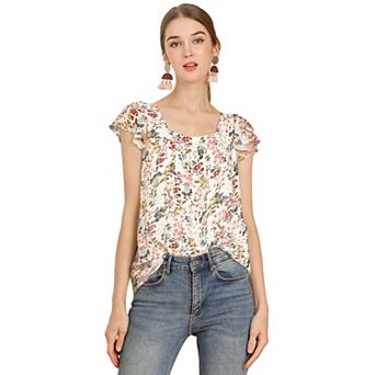Women's Chiffon Ruffle Sleeve Vintage Layered Floral Print Blouse Top